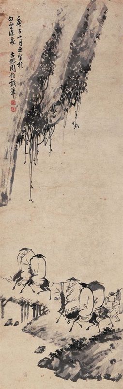 周颢 溪山行旅图 立轴 水墨纸本 95×30cm 1720年作 成交价:5.75万港元 保利香港2013秋拍 (保利香港供图)