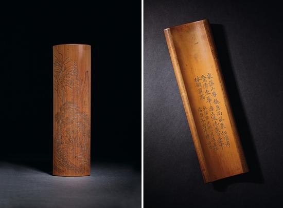清乾隆 周芷岩制竹刻山水长题臂搁 长22cm 成交价:105.8万元 北京保利2012春拍 (北京保利拍卖供图)